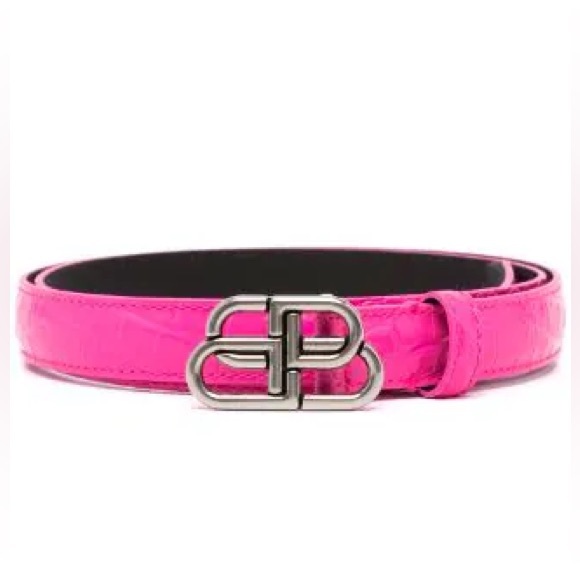 Balenciaga Accessories - BALENCIAGA BB buckle Crocodile Embossed Leather Pink Narrow Skinny Belt Size 80